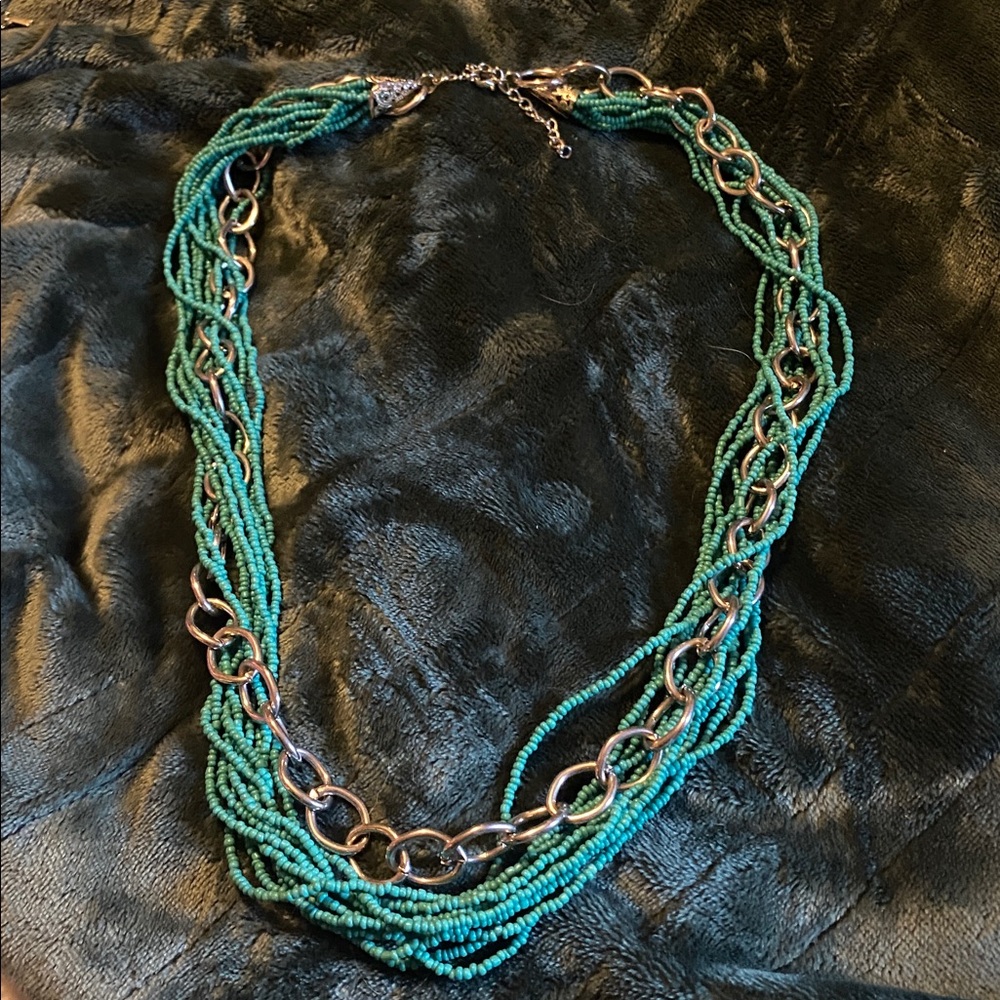 Green Beaded Necklace with Silver Accents